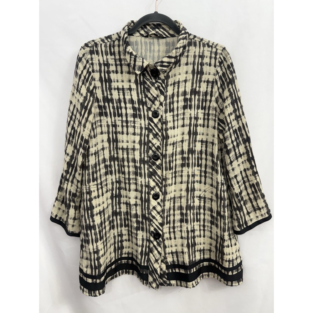 John Mark Black Cream Abstract Button Front 3/4 Sleeve Top Tunic Womens Size S